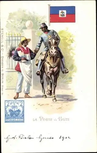 Briefmarken Litho Die Post auf Haiti, Postreiter, Flagge