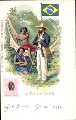 Briefmarken Litho Die Post in Brasilien, Postbote, Hängematte