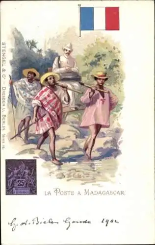 Briefmarken Litho Die Post auf Madagaskar, Postbote, Sänfte