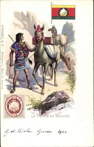 Briefmarken Litho Die Post in Bolivien, Mann mit Lamas