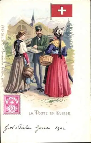 Briefmarken Litho Die Post in der Schweiz, Postbote, Frauen in Trachten