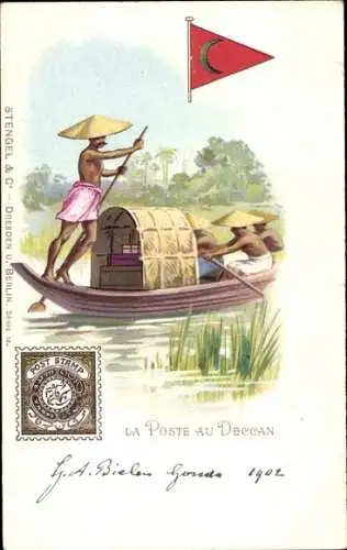 Briefmarken Litho Die Post in Deccan, Indien, Mann beim Rudern, Transport