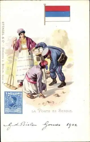 Briefmarken Litho Die Post in Serbien, Postbote, Fahrrad