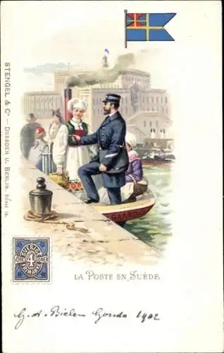 Briefmarken Ak Die Post in Schweden, Postbote, Boot, Tracht