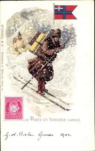 Briefmarken Litho Die Post in Norwegen, Norwegischer Briefträger, Ski, Schnee