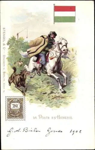 Briefmarken Litho Die Post in Ungarn, Postreiter, Hunde