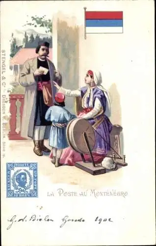 Briefmarken Litho Die Post in Montenegro, Postbote, Spinnrad, Frau in Tracht