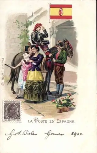 Briefmarken Litho Die Post in Spanien, Briefträger, Pferd, Trachten