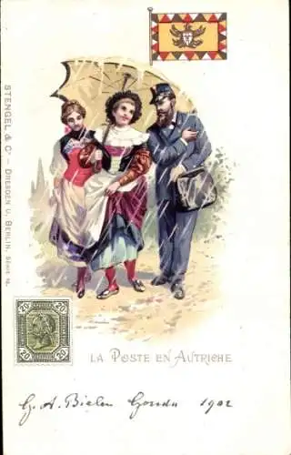 Briefmarken Litho Die Post in Österreich, Briefträger, Frauen in Volkstrachten, Regenschirm, Wappen