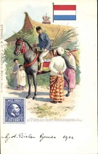 Briefmarken Litho Java Indonesien, Die Post in Niederländisch Indien, Postbote