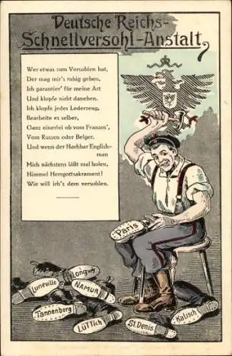 Ak Deutsche Reichs-Schnellversohl-Anstalt, deutscher Soldat mit Hammer, Schuhe, Paris, Namur