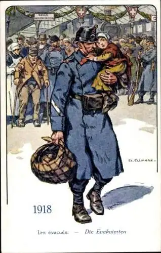 Künstler Ak Der Schweizer Soldat im Laufe der Jahrhunderte, Die Evakuierten, 1918