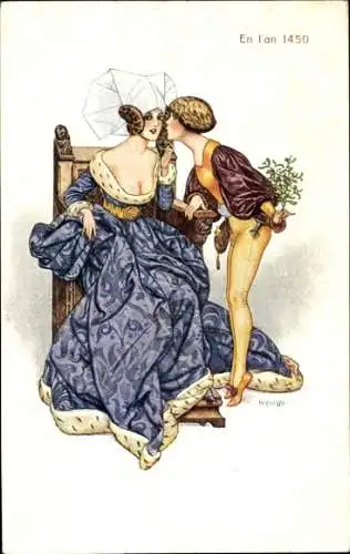 Künstler Ak Im Jahre 1450, Liebespaar, Mistelzweig