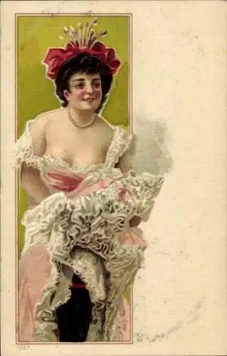 Jugendstil Litho Junge Frau mit tiefem Ausschnitt und erhobenem Rock