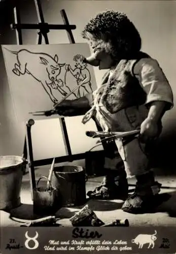 Ak Mecki der Igel als Maler, Sternzeichen Stier