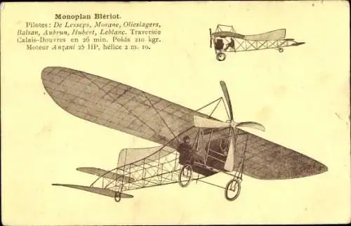 Künstler Ak Monoplan Blériot, Pilotes, de Lesseps, Morane, Olieslagers, Balsan, Aubrun, Hubert