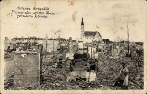 Ak Šiauliai Szawle Schaulen Litauen, Blick auf den von Russen zerstörten Ort, Kirche