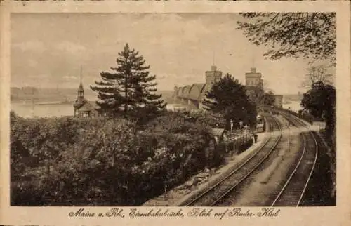 Ak Mainz am Rhein, Eisenbahnbrücke, Blick auf Ruder-Klub