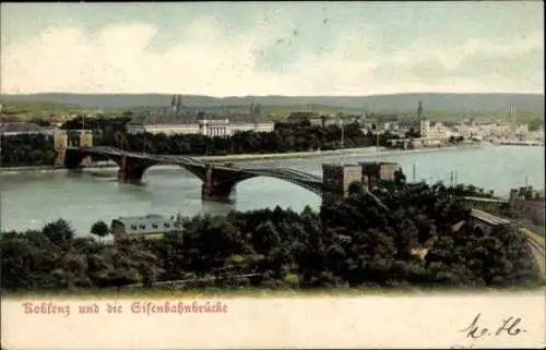 Ak Koblenz am Rhein, Totale mit Eisenbahnbrücke