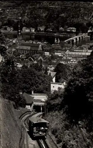 Ak Heidelberg am Neckar, Teilansicht, Bergbahn, Heilig-Geist Kirche, Brücke