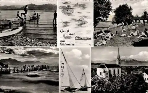 Ak Chieming am Chiemsee Oberbayern, Kirche, Steg, Boot, Badewiese, Segelboote, Wellengang
