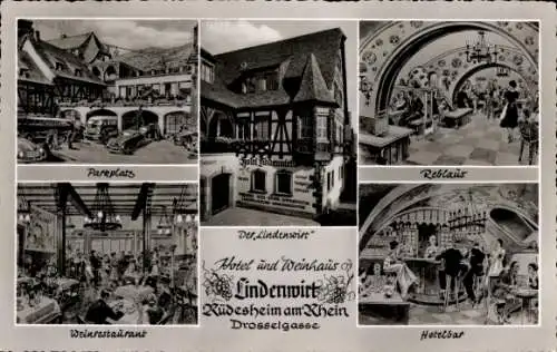 Ak Rüdesheim am Rhein, Hotel und Weinhaus Lindenwirt, Drosselgasse, Reblaus, Weinrestaurant