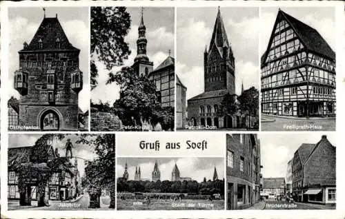 Ak Soest in Westfalen, Petrikirche, Osthofentor, Jakobitor, Freiligrathhaus, Brüderstraße
