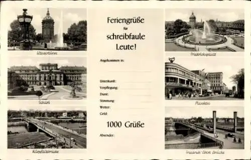 Ak Mannheim in Baden, Friedrichsplatz, Wasserturm, Schloss, Kurpfalzbrücke, Friedrich-Ebert-Brücke