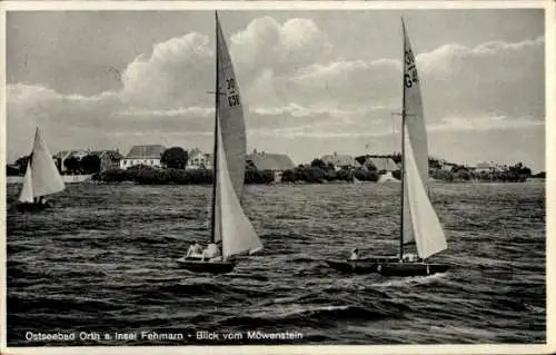 Ak Orth Insel Fehmarn, Teilansicht, Blick vom Möwenstein, Segelboote