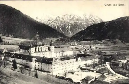 Ak Ettal Oberbayern, Blick auf das Kloster, Klosterkirche, Schloss