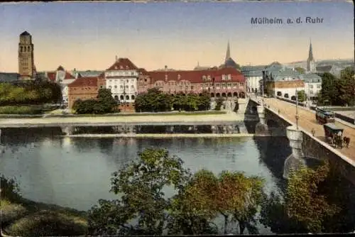 Ak Mülheim an der Ruhr, Teilansicht, Brücke, Straßenbahn, Kutsche