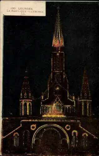 Ak Lourdes Hautes Pyrénées, Basilika, Nachtbeleuchtung