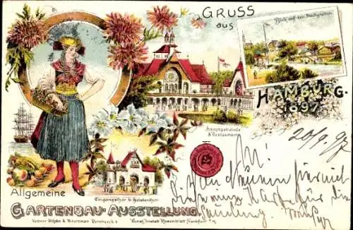 Litho Hamburg, Allg. Gartenbauausstellung 1897, Tracht, Stadtgraben, Hauptgebäude