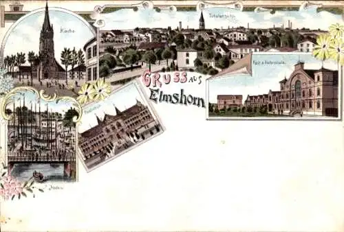 Litho Elmshorn im Kreis Pinneberg, Kirche, Reit und Fahrschule, Realschule, Hafen