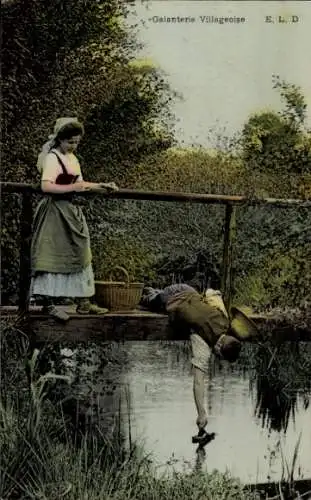 Ak Französische Tracht, Kinder am Wasser, Brücke, Korb