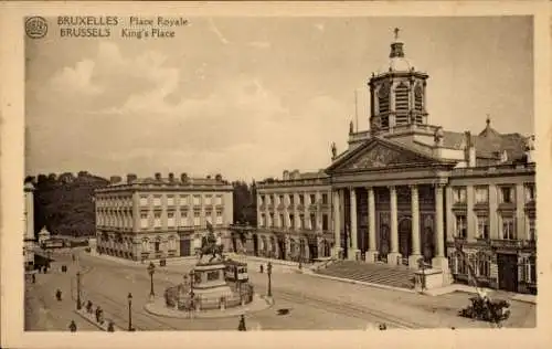 Ak Bruxelles Brüssel, Place Royale, Denkmal, Straßenbahn