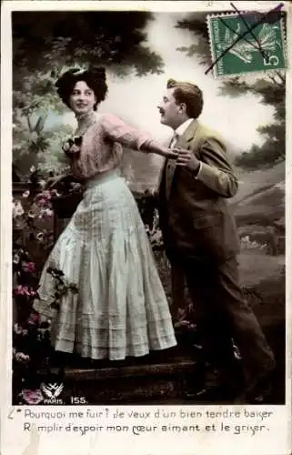 Ak Liebespaar im Garten, Blumen, Treppen, Abschied