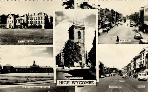 Ak High Wycombe Buckinghamshire England, Abtei, High Street, Royal Grammar School, Kirche