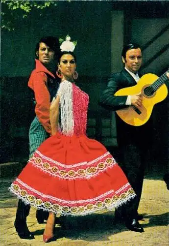 Stoff Ak Spanische Tracht, Tanzpaar, Gitarrenspieler