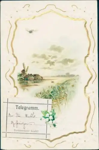 Präge Litho Telegramm, Nachricht, Windmühle, Maiglöckchen