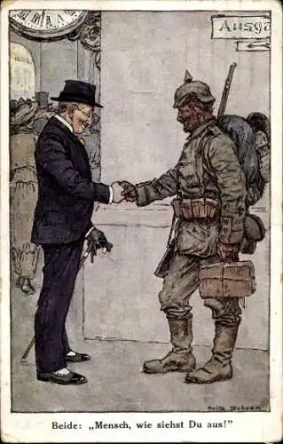 Künstler Ak Schoen, Fritz, Mensch wie siehst Du aus, Treffen am Bahnhof, Soldat