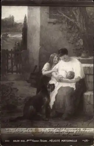 Künstler Ak Thivez, Mutterglück, Mutter mit Baby im Arm, Hund