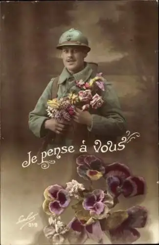 Ak Französischer Soldat in Uniform mit Blumen, Stiefmütterchen