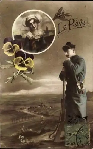 Ak Französischer Soldat in Uniform denkt an seine Frau, Stiefmütterchen