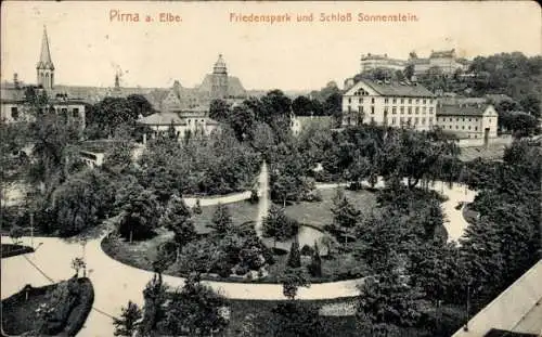 Ak Pirna an der Elbe, Friedenspark und Schloss Sonnenstein