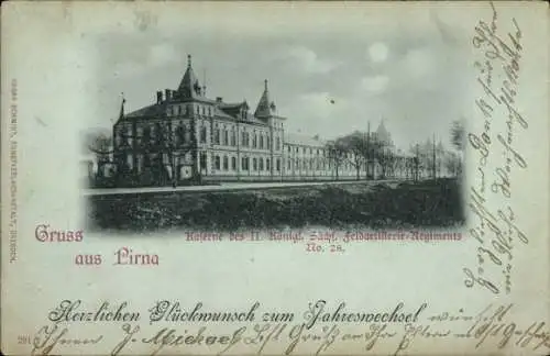 Mondschein Ak Pirna an der Elbe, Kaserne des 2. Königlichen Sächsischen Feldartillerie Regiments 28