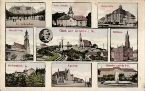 Ak Kamenz in Sachsen, Kirchen, Realschule, Rathaus, Kaserne, Volksschule