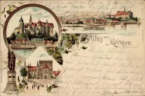 Litho Meißen an der Elbe, Denkmal, Schloss, Blick auf den Ort