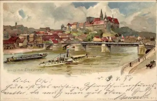 Litho Meißen an der Elbe, Stadtbild, Brücke, Salondampfer