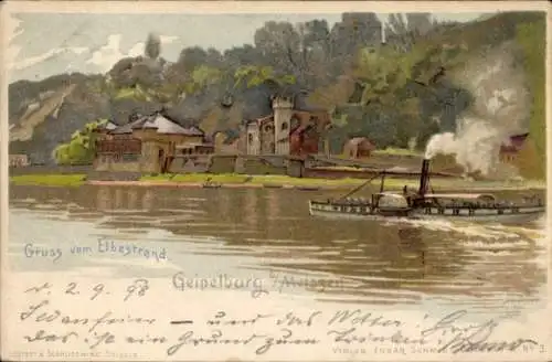 Litho Meißen an der Elbe, Geipelburg, Dampfschiff
